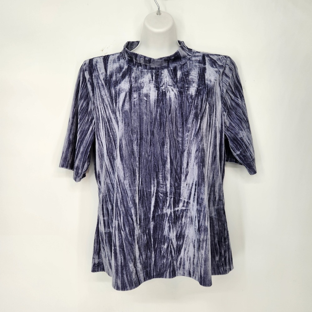 Pilcro Anthropologie Slate Blue‎ Velveteen Mock Neck Short Sleeve Top XL - Picture 2 of 8
